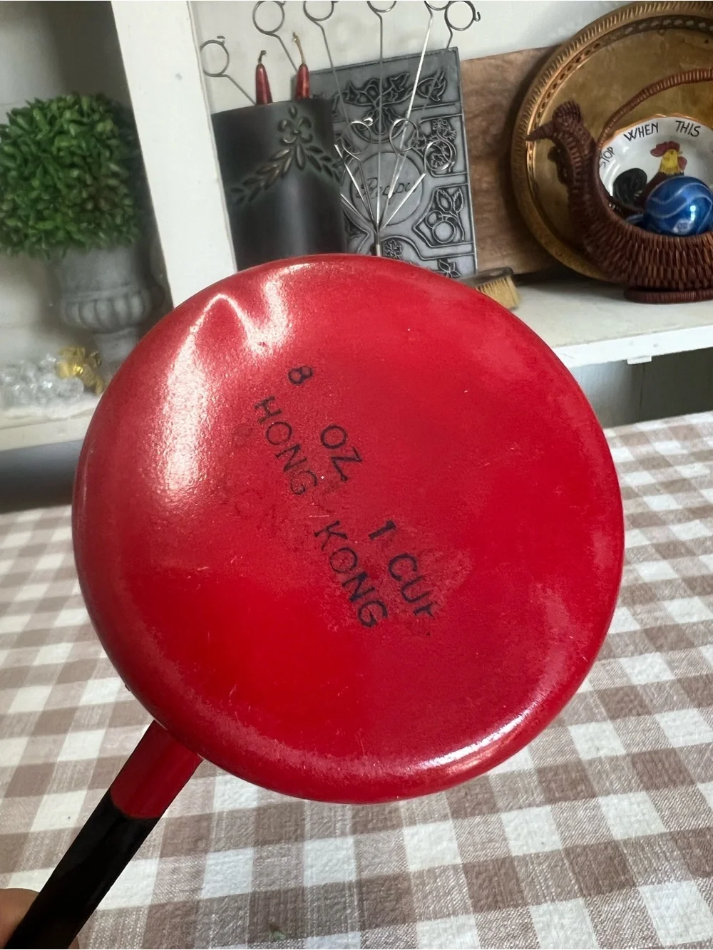 Vintage Hong Kong coffee briki melting pot ladle red black white enamel